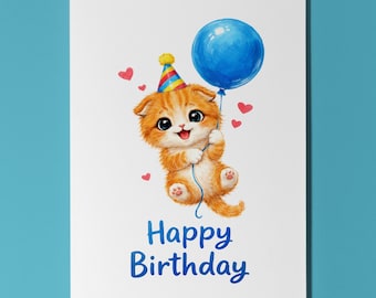 Scottish Fold Cat Personalised Birthday Card Flying Balloon Cute Kitten