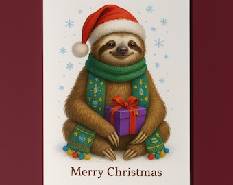 Fluffy Crew - Santa’s Slowest Helper Sloth with a Gift Merry Christmas Card - Funny animals -  Premium Greeting Card Envelope Personalised