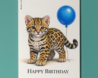 Wild Cats Party Ocelot kitten: Spotted Perfection Happy Birthday Card Premium quality Greeting Card  and Envelope Personalised Friends