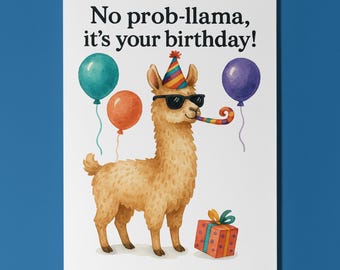 Party Llama Vibes - No probllama it's your birthday! Card Funny Animals - Premium Greeting Card and Envelope Personalised -Friends Family