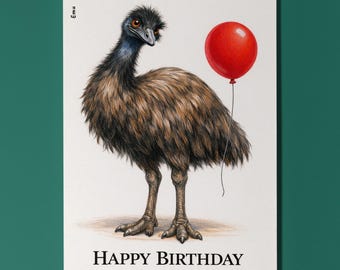 Emu Bird Birthday Card, Funny Balloon Animal Card, Cute Personalised Gift for Animal Lovers