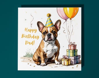 Handmade Cute French Bulldog Dog breed with Cake Happy Birthday Dad Card Funny Animal Card Animal Lovers Premium Greeting Card & Envelope