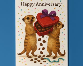 Meerkat Chocolate Love - Happy Anniversary Card - Premium Greeting Card Envelope - Funny animals - Personalised card - Couples Husband Wife