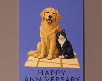 Labrador Tuxedo Cat Anniversary Card, Dog Love Greeting Card
