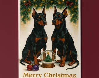 Doberman Dogs - Cozy Nose and Snow Globe - Merry Christmas Card - Funny Dogs - Dog Breeds - Premium Greeting Card & Envelope Personalised