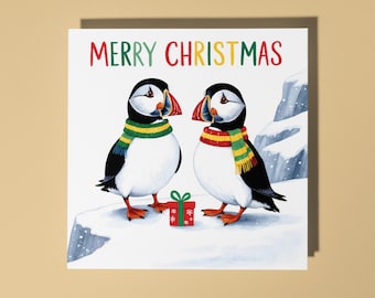 Handmade Cute puffins with a Christmas present Merry Christmas Card Premium Greeting Card with White Envelope
