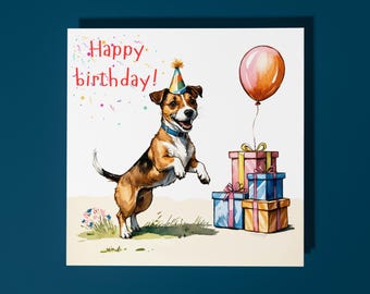 Handmade Cute Jack Russell Dog breed With Presents Happy Birthday ! Card Funny Animal Card Animal Lovers Premium Greeting Card & Envelope.