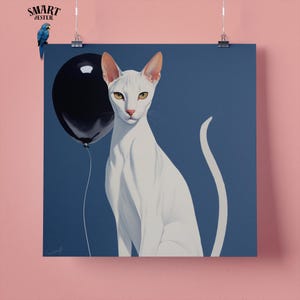 Stampa artistica da parete con ritratto di gatto orientale bianco e palloncino nero, regalo perfetto per gli amanti degli animali, 295 mm x 295 mm, carta opaca 300 g/m², senza cornice