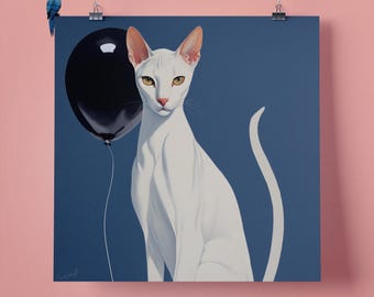 Elegant White Oriental Cat Black Balloon Pet Portrait Wall Art Print, Perfect Gift for Pet Lovers 295mm x 295mm, 300GSM Matte Paper Unframed