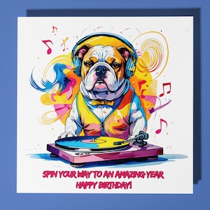 Gelukkige verjaardagskaart Engelse Bulldog - grappig dier - Premiumwenskaart en envelop - Gepersonaliseerde hondenkaart - kaart jaren 80 - zoon zus vriend