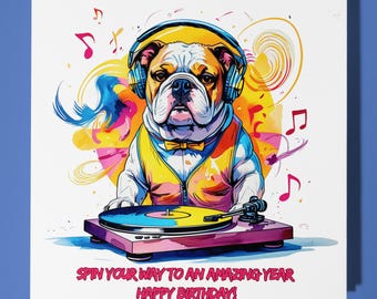 English Bulldog Happy Birthday Card - Funny Animal - Premium Greeting Card & Envelope - Personalised Dog card - 80s card - Son Sister Friend