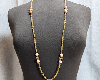Lovely Vintage Jewellery Long Gold-tone Pink Colour Bows Links Necklace