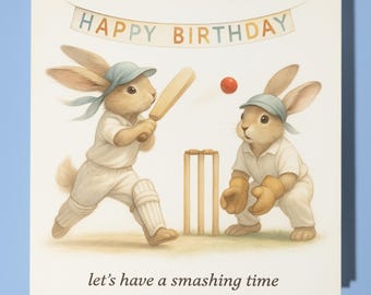 Cricket Rabbits  - Happy Birthday Card - Funny Animal - Premium Greeting Card Envelope  Personalised funny card - family friend