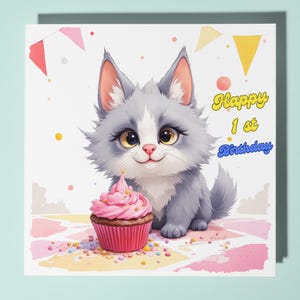 Cartão de feliz aniversário de 1 ano de gato - Animal engraçado - Cartão de felicitações premium e envelope - Cartão de gato personalizado - neto neta filha filho
