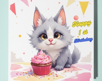 Cat Happy 1st  Birthday Card - Funny Animal - Premium Greeting Card & Envelope - Personalised Cat card -grandson granddaughter daughter son
