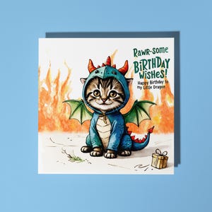 Handmade Cute kitten in a dragon costume - Happy Birthday Card Funny Animal Card Animal Lovers Premium Greeting Card & Envelope