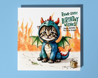 Handmade Cute kitten in a dragon costume - Happy Birthday Card Funny Animal Card Animal Lovers Premium Greeting Card & Envelope
