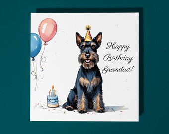 Handmade Scottish Terrier Dog breed with Cake Happy Birthday Grandad Card Funny Animal Card Animal Lovers Premium Greeting Card & Envelope