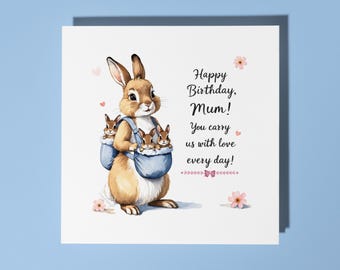 Handmade Cute little rabbit with bunnies Happy Birthday Mum Card - Funny Animal Card Animal Lovers Premium Greeting Card With White Envelope
