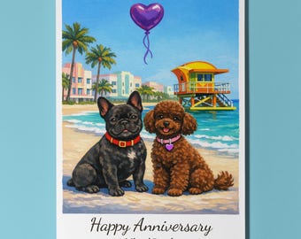 Miami Beach French Bulldog and Poodle Dogs Happy Anniversary Card Envelope Funny Breeds Premium Personalised Couples Wife Husband Spouses