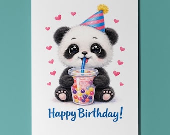 Kawaii Art Series Panda cub: Sweet Boba Sip Bubble Tea Happy Birthday Card Premium Greeting Card Envelope Personalised cute animal art