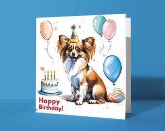 Handmade Cute Papillon Dog breed With cake Happy Birthday ! Card Funny Animal Card Animal Lovers Premium Greeting Card with Envelope.