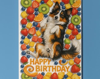 Border Collie Dog in Fruit Salad - Fruity Friends Collection Happy Birthday Card Funny Animals Premium Greeting Card Envelope - Personalised