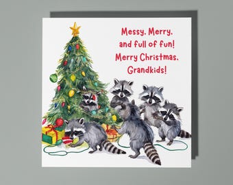 Handmade Funny raccoons playing Merry Christmas Grandchildren Grandkids Card Funny Animal Themed Holiday Card Premium Greeting Card Envelope