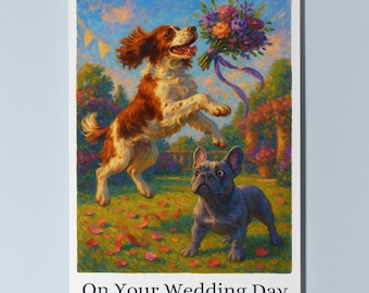 Spaniel and French Bulldog Dogs Duo - On your wedding day Card - Funny Dogs - Dog Breeds - Premium Greeting Card & Envelope Personalised