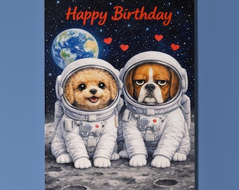 Cockapoo Boxer Personalised Birthday Card, Space Moon Astronaut Dog Gift