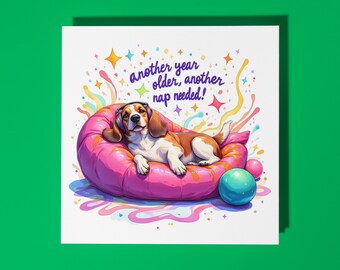 Handmade Basset Hound lounges on a 80s bean bag Happy Birthday Card Funny Animal Card Animal Lovers Premium Greeting Card Envelope