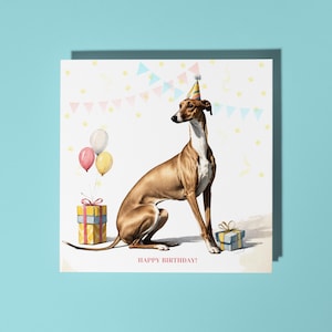 Handgemaakte schattige Whippet met taart Happy Birthday Card - Funny Animal Card Animal Lovers Premium wenskaart met witte envelop
