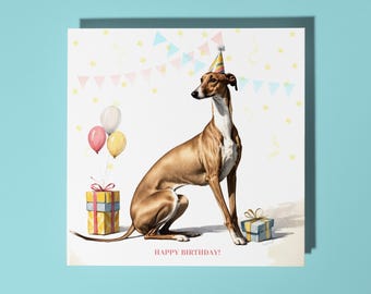 Handmade Cute Whippet dog With Cake Happy Birthday Card - Funny Animal Card Animal Lovers Premium Greeting Card With White Envelope