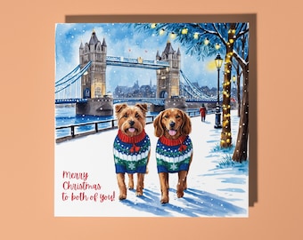 Handmade Cute Dogs in London at Christmas Merry Christmas to both of you Card  Premium Greeting Card with White Envelope Merry Christmas