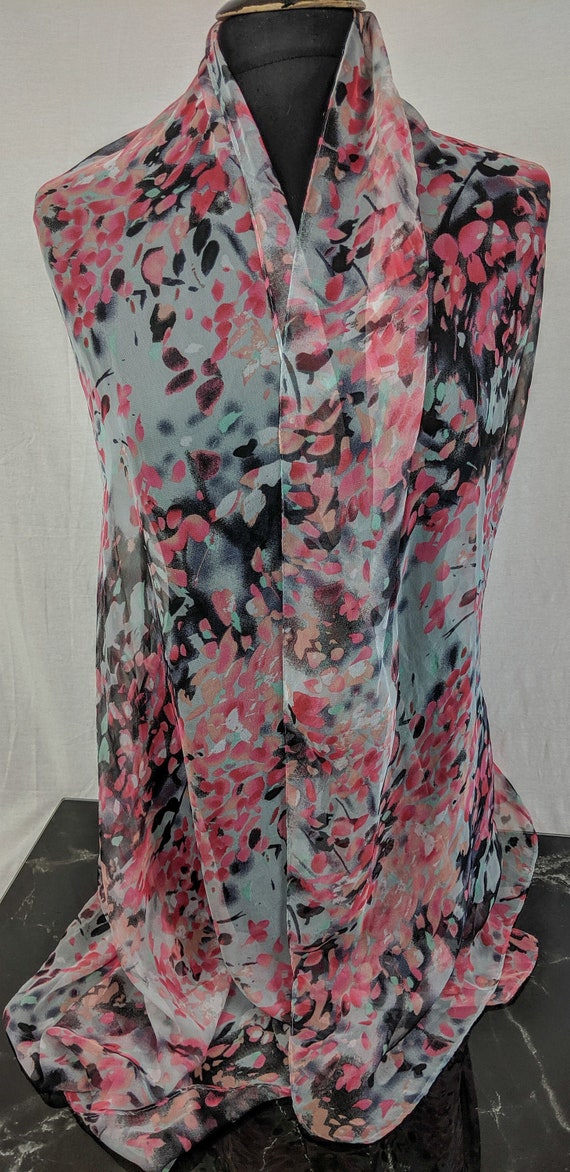 Lovely Pink Grey Red Blue and Black Print Long Large Scarf 65"x 25"