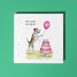 Handgemachte Hund mit einem Ballon alles Gute zum Geburtstag Karte Paw-Some Fun Ahead! Lustige Tier Grußkarte Tierliebhaber Premium Grußkarte weißer Umschlag