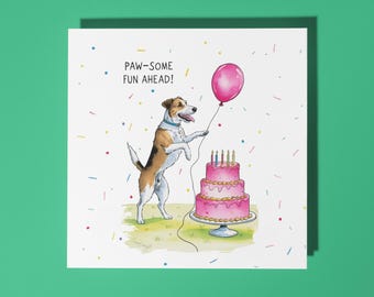 Handmade Dog with a balloon Happy Birthday Card Paw-Some Fun Ahead! Funny Animal Card Animal Lovers Premium Greeting Card White Envelope