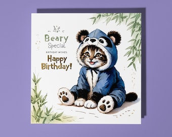 Handmade Kitten in a panda costume Beary Special Birthday Happy Birthday Card Funny Animal Card Animal Lovers Premium Greeting Card Envelope