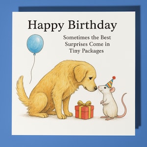 Golden Retriever und kleine weiße Ratte - Alles Gute zum Geburtstag Karte - Premium Grußkarte Umschlag - Personalisierte lustige Hunde Karte - Freund Familie