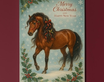 New Year Horse Red Ribbons - Merry Christmas and Happy New Year Card -  Premium Greeting Card and Envelope Personalised card - Family Friend