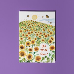 Handgemaakte prachtige zonnebloemen Beterschap! Kaart Grappige kaart Premium wenskaart en envelop