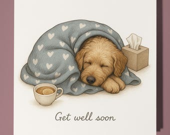 Labradoodle Dog - Get Well Soon Card - Funny Animal - Premium Greeting Card & Envelope - Personalised Dog card - Friend Family