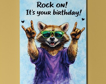 Raccoon Personalised Birthday Card Funny Rock On Animal Card