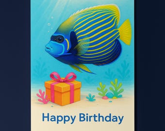 Rainbow Fish Parade Collection - Emperor Angelfish fish  - Happy Birthday Card -  Premium Greeting Card & Envelope - Personalised card