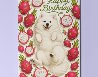 Sweet Dragonfruit Samoyed Dog - Fruity Friends Collection Happy Birthday Card - Funny Animals Premium Greeting Card Envelope - Personalised
