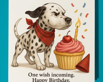 Dalmatian - One wish incoming. - Happy Birthday Card - Premium Greeting Card Envelope - Personalised funny dog card - friend family Sister
