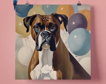 Elegant Boxer Dog Balloons Pet Portrait Wall Art Print, Perfect Gift for Pet Lovers, 295mm x 295mm, 300GSM Matte Paper, Unframed