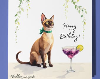 Cocktail collection - Siamese cat - Blackberry margarita - Happy Birthday Card - Premium Greeting Card and Envelope - Personalised card
