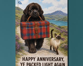 Newfoundland Siamese Cat Anniversary Card, Scottish Highlands Dog Art