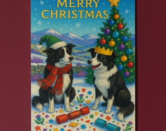 Border Collie Dogs - Highland Christmas - Merry Christmas Card - Funny Animal - Dog Breeds  Premium Greeting Card and Envelope Personalised
